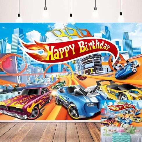 Blue Car Racing Happy Birthday Backdrop Car Theme Boys Birthday Party Decoration Racing Kid Photography Party Supplies (7x5) in Saudi Arabia