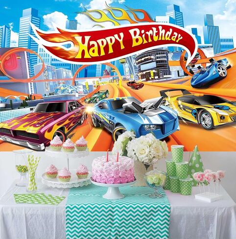 Blue Car Racing Happy Birthday Backdrop Car Theme Boys Birthday Party Decoration Racing Kid Photography Party Supplies (7x5) in Saudi Arabia
