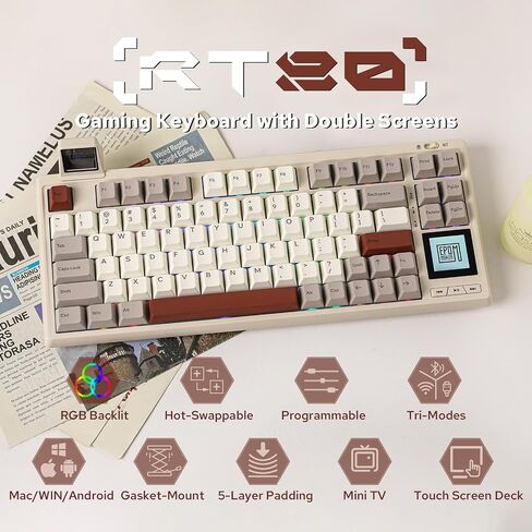 لوحة مفاتيح الألعاب اللاسلكية EPOMAKER RT80، لوحة مفاتيح ميكانيكية ثلاثية الأوضاع بنسبة 75%، لوحة مفاتيح مخصصة كريمية قابلة للتبديل السريع، مع شاشة تعمل باللمس وشاشة صغيرة، NKRO للألعاب المكتبية (رمادي قديم، مفتاح فلامنغو) in Saudi Arabia