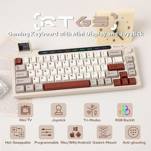 EPOMAKER RT65 Wireless Gaming Keyboard, Tri-Mode 65% Mechanical Keyboard, Hot-swap Creamy Custom Keyboard, with Mini Display and Joystick, RGB Backlit, NKRO (Pink, Flamingo Switch) in Saudi Arabia
