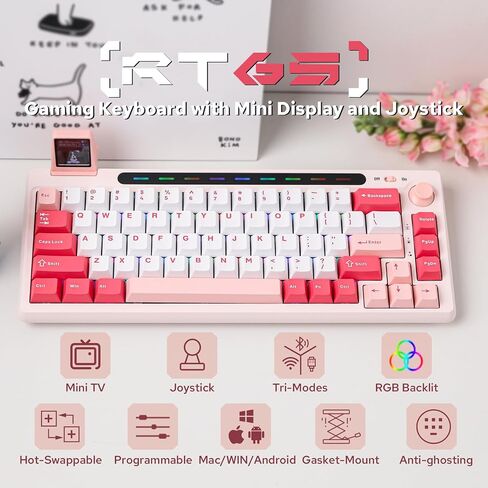 EPOMAKER RT65 Wireless Gaming Keyboard, Tri-Mode 65% Mechanical Keyboard, Hot-swap Creamy Custom Keyboard, with Mini Display and Joystick, RGB Backlit, NKRO (Pink, Flamingo Switch) in Saudi Arabia