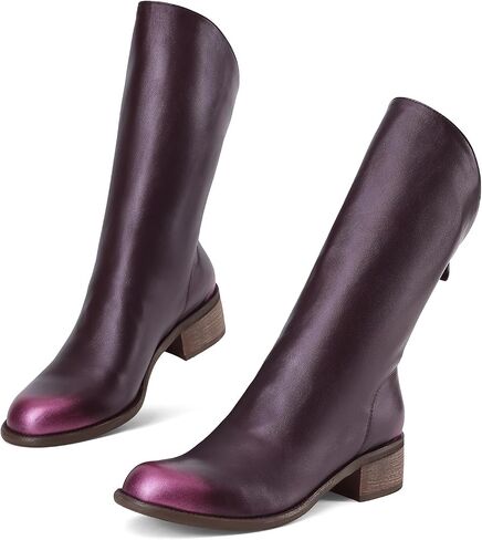 Women Slant-Top Boots Round Toe Chunky Heel Comfortable Back Zip Mid-calf Boots in Saudi Arabia