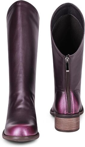 Women Slant-Top Boots Round Toe Chunky Heel Comfortable Back Zip Mid-calf Boots in Saudi Arabia