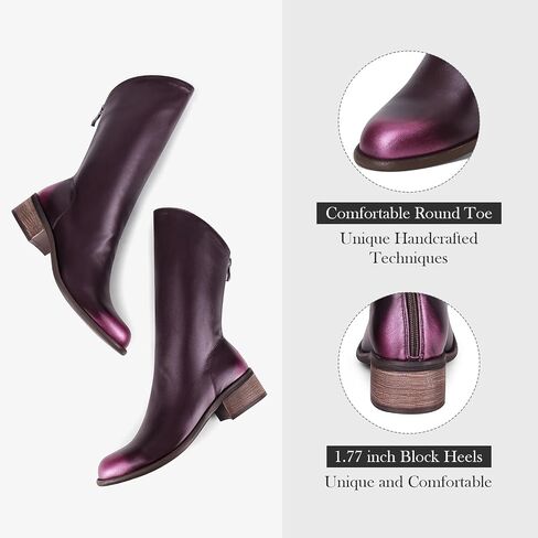 Women Slant-Top Boots Round Toe Chunky Heel Comfortable Back Zip Mid-calf Boots in Saudi Arabia
