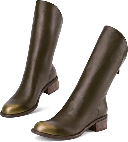 Women Slant-Top Boots Round Toe Chunky Heel Comfortable Back Zip Mid-calf Boots in Saudi Arabia