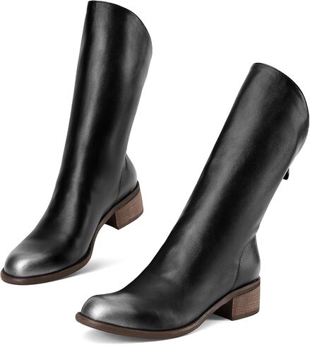 Women Slant-Top Boots Round Toe Chunky Heel Comfortable Back Zip Mid-calf Boots in Saudi Arabia