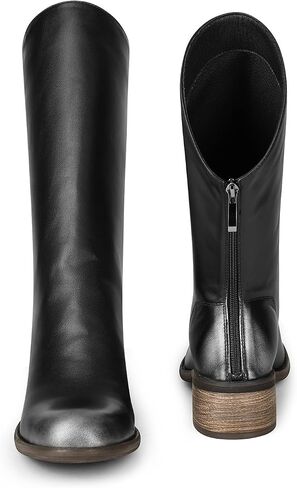 Women Slant-Top Boots Round Toe Chunky Heel Comfortable Back Zip Mid-calf Boots in Saudi Arabia