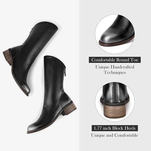 Women Slant-Top Boots Round Toe Chunky Heel Comfortable Back Zip Mid-calf Boots in Saudi Arabia