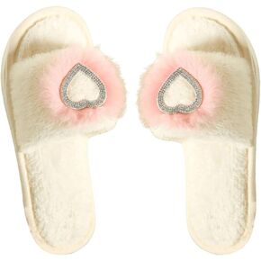 Verdusa Women's Rhinestone Heart Fuzzy Slippers Slip On Open Toe Indoor Home Slipper Shoes