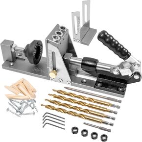 Pocket Hole Jig, Precision Pocket Hole Drilling Jig with Screws and Dowels, Adjustable Pocket Hole Drill Bit Set for Woodworking, Inch and Metric Measuring