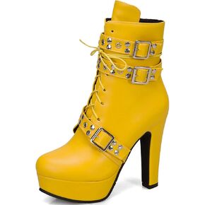 Women Studded Belt Buckle Chunky High Heel Ankle Boots Sexy Round Toe Lace-up Punk Combat Warm Platform Gothic Knight Mid Calf Booties in Saudi Arabia