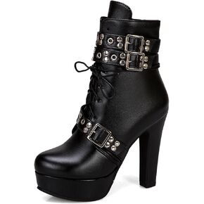 Women Studded Belt Buckle Chunky High Heel Ankle Boots Sexy Round Toe Lace-up Punk Combat Warm Platform Gothic Knight Mid Calf Booties