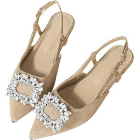 OYOANGLE Women's Rhinestone Decor Pointed Toe Slingback Flats Faux Suede Dress Sandals