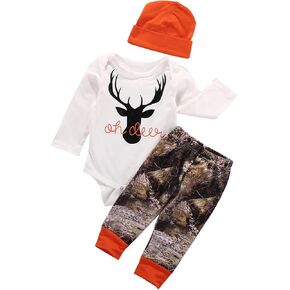 Baby Boy Girl Hunting Clothes Letter Deer Long Sleeve Romper Elk Print Long Pants Hat Newborn Coming Home Outfits