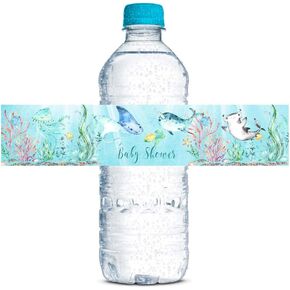 Underwater Cute Sea Life Baby Sprinkle Shower Waterproof Water Bottle Sticker Wrappers 20 Wrap Around Labels Sized 1.75" x 8.5" by AmandaCreation