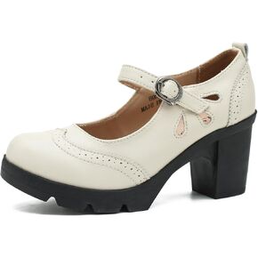LIURUIJIA Women'sClassic Leather Mary Jane Pumps Closed Toe Platform Chunky Mid Block Heels Ankle Strap Round Toe Comfortable Oxfords Dress Work Pumps Shoes