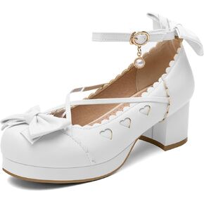 100FIXEO Women's Goth Platform Mary Jane Chunky Heels Kawaii Round Toe Ankle Strap Double Bow Cross-Tied Dress Pumps