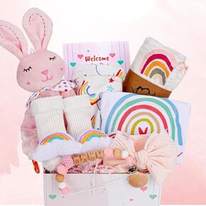 Baby Girl Gifts,Baby Shower Gifts for Girls,Unique Baby Gifts Basket Essential Stuff,Gender Reveal Gifts,Onesie,Blanket,Rattle, Socks,Gift Card