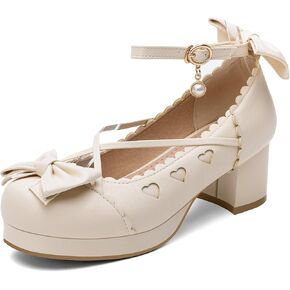 100FIXEO Women's Goth Platform Mary Jane Chunky Heels Kawaii Round Toe Ankle Strap Double Bow Cross-Tied Dress Pumps