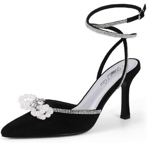 Mofri ShowHow Womens Wedding High Heels Slingback Stiletto Heels Closed Pointed Toe Strappy Heels Ankle Strap Pumps Rhinestone Pearl Bow Heels Bridal Party Wedding Dress Shoes