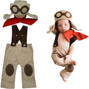 Newborn Photography Outfits Pilot Costume Set Baby Aviator Overall, Red Scarf & Ear-Flap Hat with Goggles for Infant Photoshoots Baby Aviation-Themed Photo Prop for Baby Gift/Newborn Photo Sessions