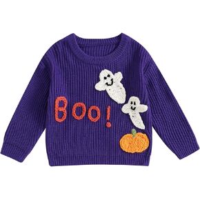 Little Kids Boy Girl Halloween Outfit Pumpkin/Boo Embroidery Knitted Sweater Warm Fall Winter Pullover Tops 12M-5T