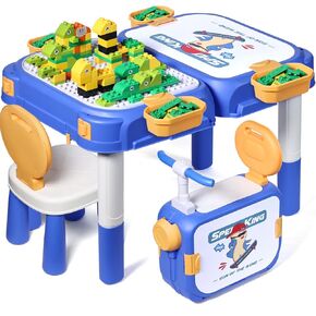 Toddler Table and Chair Set, Water/Sand Sensory Rideable Building Block Kids Table and Chairs with 90 Pcs Compatible Large Bricks, Kids Activity Table with Storage, STEM Toys for Kids Ages 3+