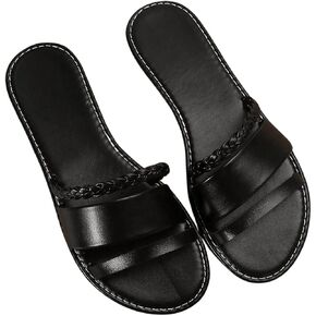 GORGLITTER Women's Braided Leather Flat Sandals Dressy Strappy Open Toe Slip On Slides Summer Sandal