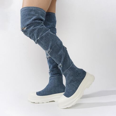 Cape Robbin Knee High Boots Women - Denim Boots for Women Knee High - Thigh High Boots for Women (Looks) in Saudi Arabia