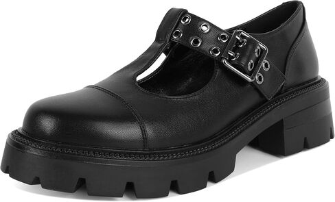 SAMMITOP Women's Mary Janes Shoes Platform Low Chunky Heel Pumps Round Toe Fashion Eyelet Buckle T-Strap Dress Shoes 2 Inch in Saudi Arabia
