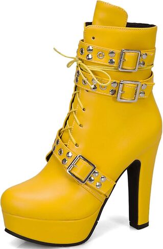 Women Studded Belt Buckle Chunky High Heel Ankle Boots Sexy Round Toe Lace-up Punk Combat Warm Platform Gothic Knight Mid Calf Booties in Saudi Arabia