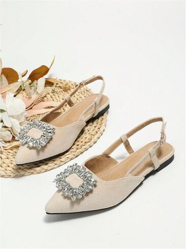OYOANGLE Women's Rhinestone Decor Pointed Toe Slingback Flats Faux Suede Dress Sandals in Saudi Arabia