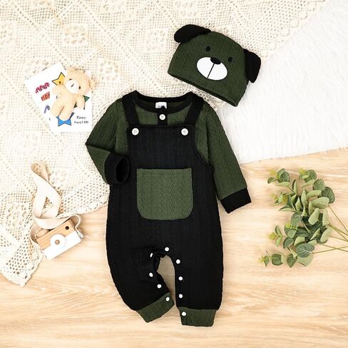 Baby Boy Clothes Cute Long Sleeve Romper Infant Pocket Overalls Adjustable Suspender Pants Set 0-18 Months in Kuwait