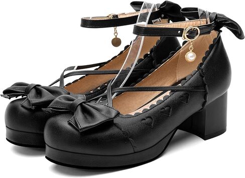 100FIXEO المرأة القوطي منصة ماري جين حذاء بكعب سميك Kawaii جولة تو الكاحل حزام مزدوج القوس عبر تعادل فستان مضخات in Kuwait