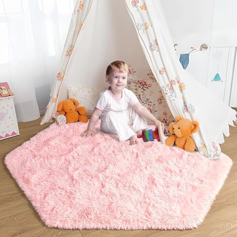 junovo Ultra Soft Rug for Nursery Children Room Baby Room Home Decor Dormitory Hexagon Carpet for Playhouse Princess Tent Kids Play Castle, Diameter 4.6 ft, Blush in Saudi Arabia