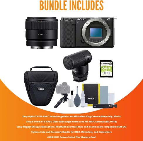 كاميرا Sony Alpha ZV-E10 APS-C بعدسة قابلة للتبديل بدون مرآة (أسود) مع عدسة Sony E 11mm F1.8 APS-C ذات زاوية واسعة للغاية ومجموعة أدوات إنشاء المحتوى (5 عناصر) in Saudi Arabia