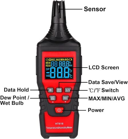 Portable Thermo-Hygrometer 4-in-1 Digital Psychrometer Mini Temperature Humidity Meter Pen Type Home Greenhouse Indoor Hygrometer with Dew Point & Wet Bulb Temperature, Max/Min, Backlight LCD Display in Saudi Arabia