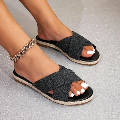 صندل نسائي من Getmorebeauty حذاء قماشي مجدول متقاطع بشريط متقاطع مفتوح عند الأصابع سهل الارتداء حذاء مسطح صيفي in Kuwait
