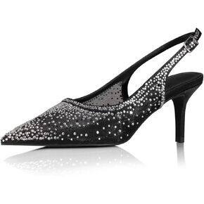 anteikira Women's Pointed Toe Rhinestone Studded Mesh Kitten Heel Slingbacks Slip On Party Wedding Heels High Stiletto Heel Pumps Shoes