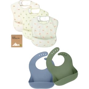 KeaBabies 3-Pack Waterproof Baby Bibs for Eating and 2-Pack Baby Silicone Bibs - Lightweight Baby Bib with Food Catcher - Waterproof, Easy Wipe Silicone Bib for Babies, Toddlers in Kuwait