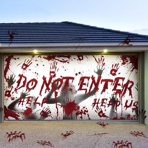Ganeen 7x16 ft Halloween Garage Door Banner Do Not Enter Halloween Garage Door Decoration Horror Party Decorations for Garage Door, Assembly Needed