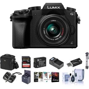 Panasonic Lumix DMC-G7 Mirrorless Micro Four Thirds Camera with 14-42mm Lens, Black - Bundle with Camera Case, 64GB SDXC U3 Card, Spare Battery, Tripod, 46mm Filter Kit, Software Package, and More