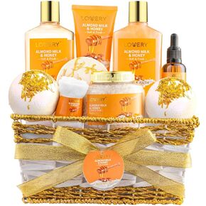 Gift Basket for Women - 10 Pc Almond Milk & Honey Beauty & Personal Care Set - Home Bath Pampering Package for Relaxing - Spa Self Care Kit - Thank You, Birthday, Mom, Anniversary Gift