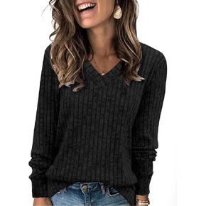 WIHOLL V Neck Long Sleeve Shirts for Women Casual Fall Tops Lightweight Tunic Sweaters Fashion Clothes 2024