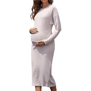 2 Piece Maternity Skirt Set Long Sleeve Crop Top and Split Midi Skirt Ribbed Knit Pregnancy Dress Outfits Set