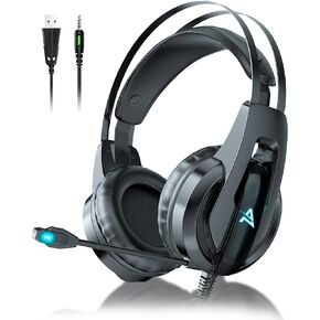 Aimzone Wireless Gaming Headset with Noise Canceling Microphone, Noise Isolation Over Ear Soft Memory Foam Earmuffs, Wireless Bluetooth, 2.4 GHz, 3.5 aux. 7.1 Surround Sound, Blue LED Light (Black)