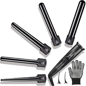 Curling Iron,5 in 1 Curling Iron Wand Set, Hair Curling Wands for Long Short Hair PTC Ceramic Curling Tongs with Adjustable Temperature Dual Voltage with Glove