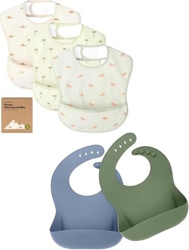KeaBabies 3-Pack Waterproof Baby Bibs for Eating and 2-Pack Baby Silicone Bibs - Lightweight Baby Bib with Food Catcher - Waterproof, Easy Wipe Silicone Bib for Babies, Toddlers in Kuwait