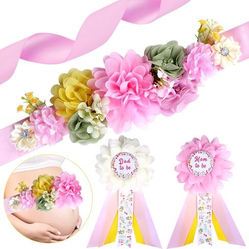 مجموعة وشاح الأمومة لحفلة استقبال المولود الجديد من Wildflower - حزام بطن لحفلة استقبال المولود الجديد على شكل زهرة برية ربيعية ودبابيس للأم لتكون وأب ليكونا دبابيس للصدر، لوازم حفلات الحمل للآباء الجدد in Kuwait