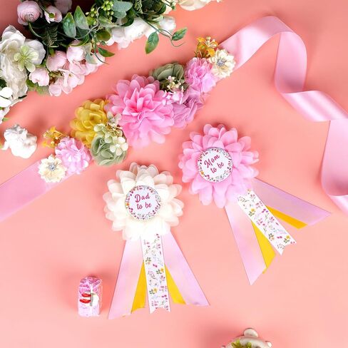 مجموعة وشاح الأمومة لحفلة استقبال المولود الجديد من Wildflower - حزام بطن لحفلة استقبال المولود الجديد على شكل زهرة برية ربيعية ودبابيس للأم لتكون وأب ليكونا دبابيس للصدر، لوازم حفلات الحمل للآباء الجدد in Kuwait